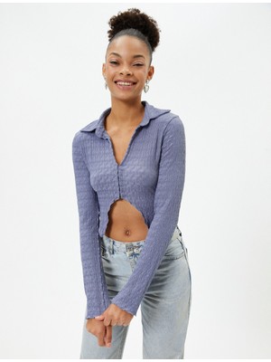 Koton Crop Bluz Asimetrik Kesim Dokulu Slim Fit Uzun Kollu Gömlek Yaka