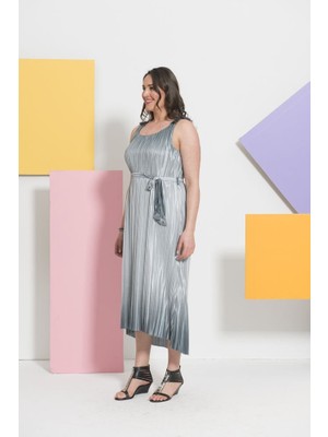 Even Plus Size Gri Parlak Pliseli Büyük Beden Elbise 44 Beden