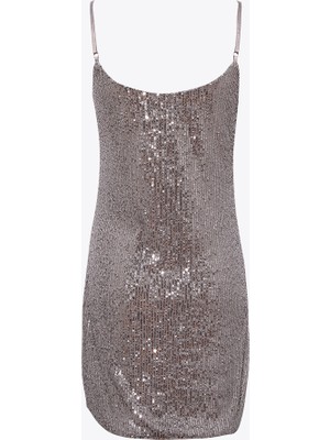 Rivus Drape Detaylı Askılı Pullu Mini Elbise - Gri