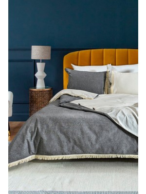 NDC Home Çift Renkli Püsküllü (Antrasit - Krem) Keten Çift Kişilik Nevresim Takımı