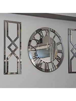 Nisanest Modern ve Şık Gümüş Aynalı Dekoratif Tablo Duvar Saati 3 Lü