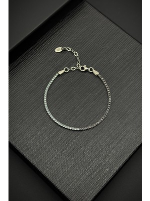 Frnch 925 Ayar Gümüş 2mm Zirkon Taşlı Siyah-Beyaz Renk Tennis Erkek Bileklik FRJ11979-2079-AB2