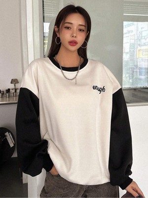 Trendseninle Kadın Beyaz Enough Baskılı Siyah Kol Detay Oversize Sweatshirt