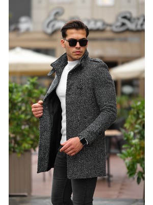 Mero Life Erkek Dar Kesim Dik Yaka Uzun Yün Karışımlı Açık Desenli Kaşe Kaban