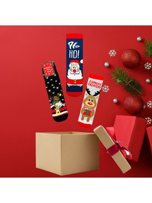 D Kit Boutique Yılbaşı Çorabı - Yılbaşı Hediyesi 3lü Set- Renkli Desenli Noel Baba ve Kış Temalı Çorap Seti