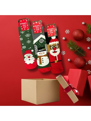 D Kit Boutique Yılbaşı Çorabı - Yılbaşı Hediyesi 3lü Set- Renkli Desenli Noel Baba ve Kış Temalı Çorap Seti