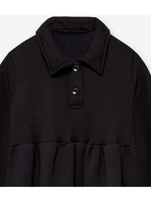 Praye Düğmeli Şardonlu Siyah Sweat Elbise