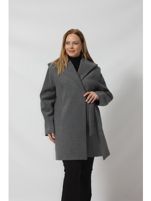 Kadın Moda Berray Kuşaklı Yandan Bağlama Detaylı Gri Kaşe Kaban Uzun Kol Şık ve Trend