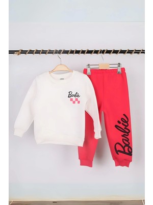 NSE Collection Kız Çocuk Barbie Baskılı Fuşya 3 Iplik Şardonlu Kışlık Sweat ve Eşofman Alt Üst Takım