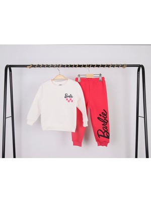 NSE Collection Kız Çocuk Barbie Baskılı Fuşya 3 Iplik Şardonlu Kışlık Sweat ve Eşofman Alt Üst Takım