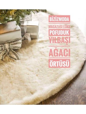 Biziz Moda Yılbaşı Çam Ağacı Örtüsü 150 cm Krem Yuvarlak Pofuduk Lüks