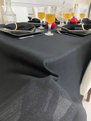 Zeren Home Simli Polyester Keten Dertsiz Masa Örtüsü Siyah + 6 Peçete