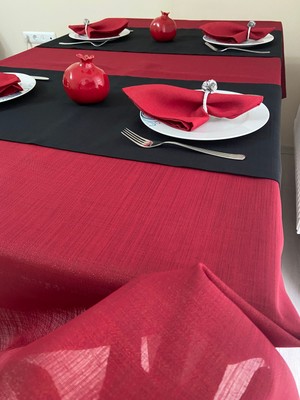 Zeren Home Simli Polyester Keten Dertsiz Masa Örtüsü Koyu Kırmızı + 6 Peçete