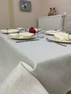 Zeren Home Simli Polyester Keten Dertsiz Masa Örtüsü Krem + 6 Peçete