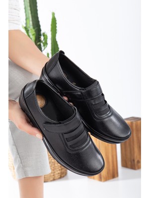 The Hope Shoes Cırtlı Bantlı Tam Ortopedik Dolgu Topuk  Siyah Taba Günlük Anne Ayakkabısı