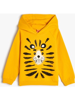 Koton Kapşonlu Sweatshirt Uzun Kollu Aslan Baskılı Pamuklu