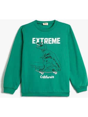 Koton Dinozorlu Sweatshirt Bisiklet Yaka Uzun Kollu Şardonlu