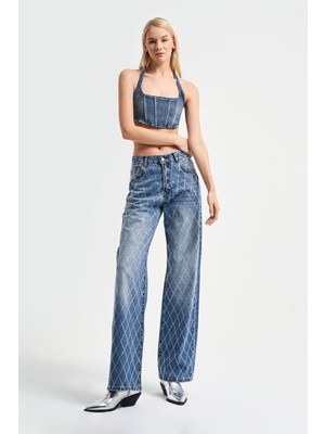 Its Basic Kadın Mavi Kot Rengi Önü Komple Taşlı Straight Fit Orta Bel Denim