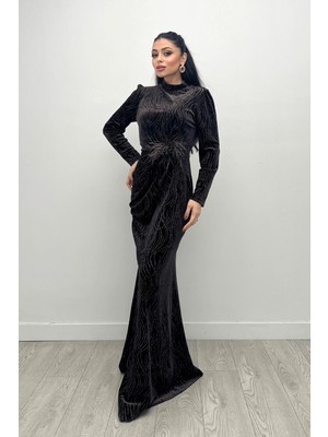 Giyimmasalı Kadife Kumaş Sim Baskılı Abiye Elbise - Kahverengi