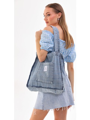 Açık Mavi Cepli Kare Desenli Kot Bez Kol & Omuz Çantası Tote Bag Kanvas Iş Günlük Jean Model 35X35