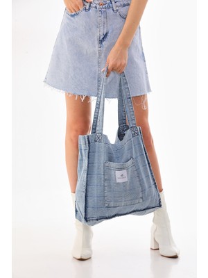 Açık Mavi Cepli Kare Desenli Kot Bez Kol & Omuz Çantası Tote Bag Kanvas Iş Günlük Jean Model 35X35