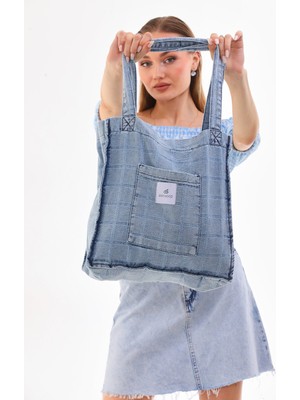 Açık Mavi Cepli Kare Desenli Kot Bez Kol & Omuz Çantası Tote Bag Kanvas Iş Günlük Jean Model 35X35