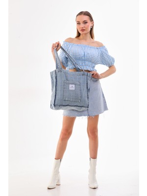 Açık Mavi Cepli Kare Desenli Kot Bez Kol & Omuz Çantası Tote Bag Kanvas Iş Günlük Jean Model 35X35