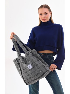 Antrasit Cepli Kare Desenli Kot Bez Kol & Omuz Çantası Tote Bag Kanvas Günlük Jean Model 35X35