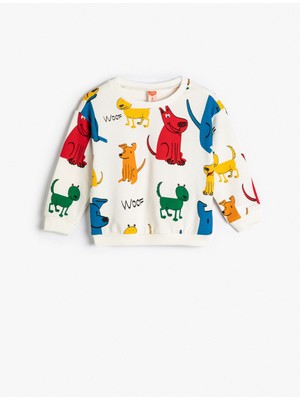 Koton Sweatshirt Köpek Baskılı Uzun Kollu Bisiklet Yaka Pamuklu