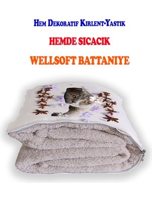 Caisya Home Relax Kedi Baskılı Dekoratif Yastık Kırlent Opsiyonel Battaniye 2 In 1