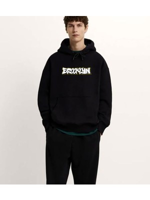 Swozz Brooklyn Grafiti Baskılı Unisex Oversize Siyah Hoodie