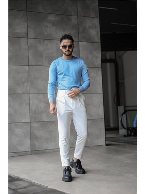 Outfit-Man Erkek Basic Triko Slim Fit Kazak Açık Mavi