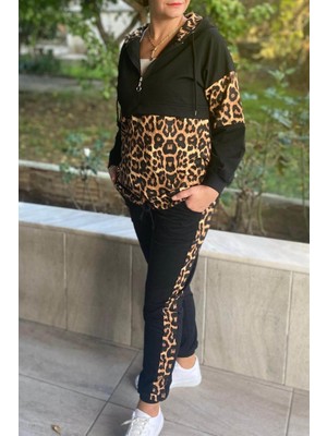 Mia Butik Büyük Beden Siyah Leopar Desenli Eşortman Takım