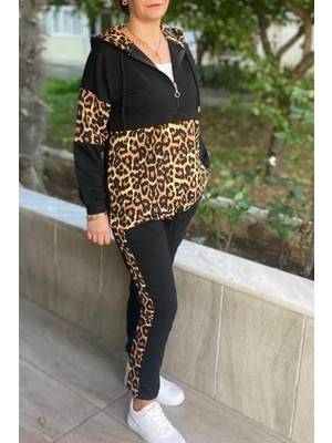 Mia Butik Büyük Beden Siyah Leopar Desenli Eşortman Takım