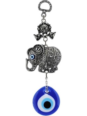 Depposite Cam Nazar Boncuklu Metal Duvar Süsü Tekli Fil Desenli Kapı Süsü 17X6 cm