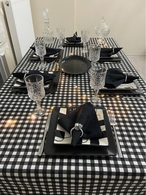 Zeren Home Sıvı Geçirmez Keten Dertsiz Masa Örtüsü Kareli Siyah Beyaz