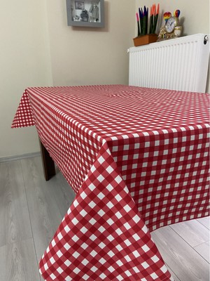 Zeren Home Sıvı Geçirmez Keten Dertsiz Masa Örtüsü Kareli Kırmızı Beyaz + 12 Peçete