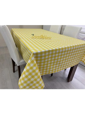 Zeren Home Sıvı Geçirmez Keten Dertsiz Masa Örtüsü Kareli Sarı Beyaz + 12 Peçete