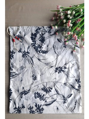Emtory Home Lacivert Çiçekli Ekmeklik - Askılı Büzgülü Keten Ekmek Torbası 50X40CM