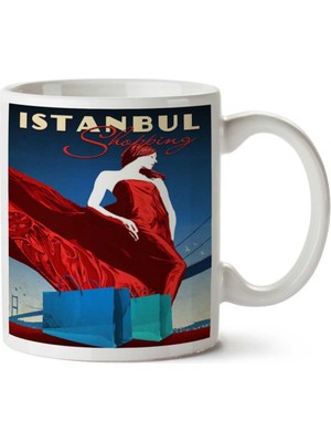 Art Hediye Istanbul Shopping, Girl, Vintage Travel Poster Iki Tarafı Baskılı Kupa Bardak