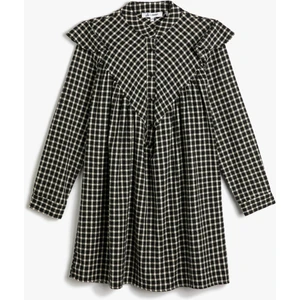 Mini Gömlek Elbise Fırfırlı Yumuşak Dokulu Uzun Kollu Dik Yaka Yarım Düğmeli