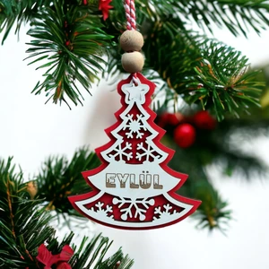 Kişiselleştirilebilir Kırmızı Beyaz Çam Ağacı Işlemeli Yılbaşı Ağaç Süsü, Isme Özel Yeni Yıl Çam Ağacı Dekoru