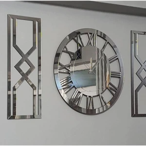 Dekoratif Aynalı Pleksiglass Şık ve Modern Gümüş Renk  Dekoratif Tablo Duvar Saati 3 Lü Set 80 x 50 cm