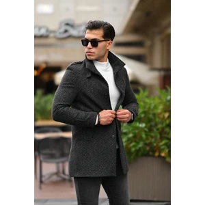 Mero Life Erkek Dar Kesim Dik Yaka Uzun Yün Karışımlı Koyu Desenli Kaşe Kaban