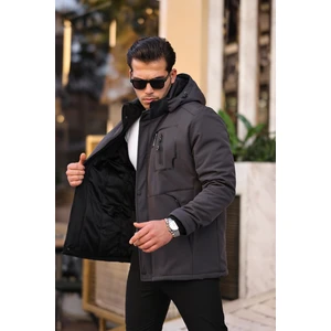 Mero Life Outdoor Kapüşonlu Su ve Rüzgar Geçirmez Kapitone Içi Kürklü Elyaf Dolgulu Şişme Gri Softshell Mont