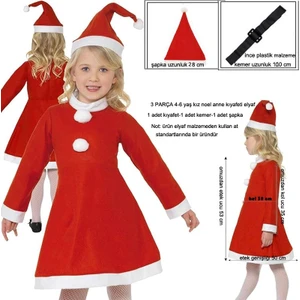 4-6 Yaş Çocuk Için Elyaf Yılbaşı Noel Anne Kostümü 3 Parça
