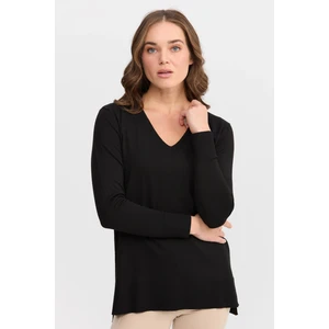 Desen Triko Kadın V Yaka Önü Arkası Yırtmaçlı Kazak 22364 Siyah