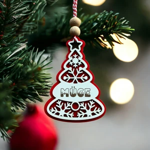 Kişiselleştirilebilir Isme Özel Kırmızı Beyaz Çam Ağacı ve Kar Taneleri Desenli Yılbaşı Ağaç Süsü, Kişiye Özel Çam Ağacı Şeklinde Yeni Yıl Çam Ağacı Dekoru