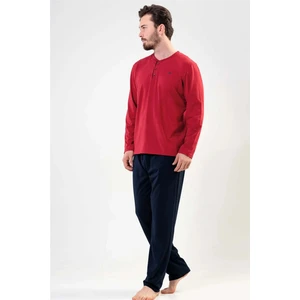 Erkek Bordo Düğmeli Lacivert - Uzun Kollu Pijama Takımı