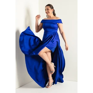 Kadın Saks Kayık Yaka Büyük Beden Saten Abiye & Mezuniyet Elbisesi